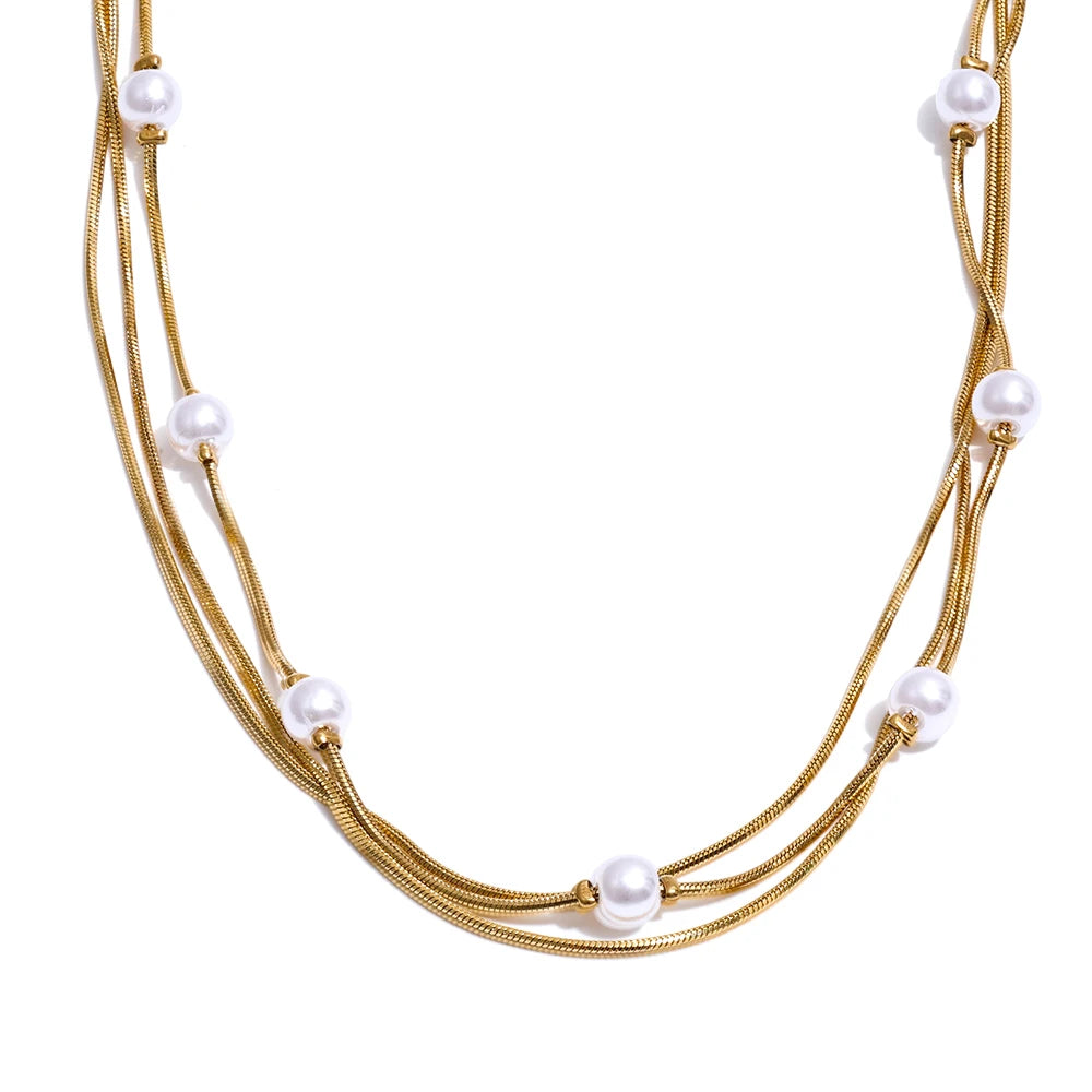 luxury gold plated stainless steel necklace layered with simulated pearls