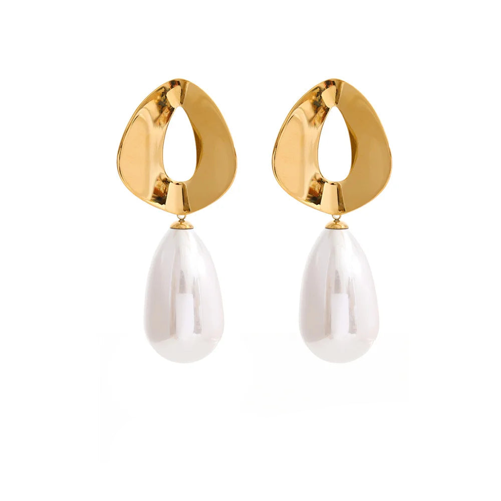 Big imitation pearl water drop earrings gold plated for women