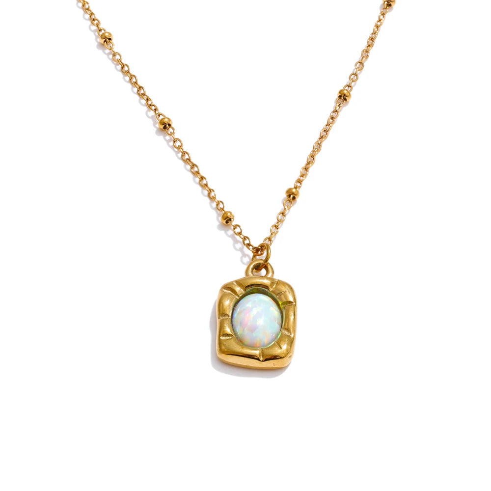 Rectangle opalite stone pendant necklace in gold plated stainless steel jewelry