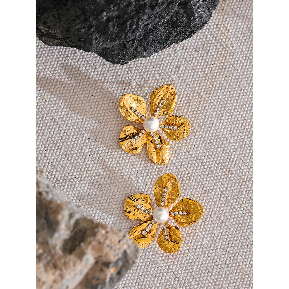 Gold Flower Stud Earrings with Cubic Zirconia & Pearls