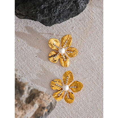 Gold Flower Stud Earrings with Cubic Zirconia & Pearls