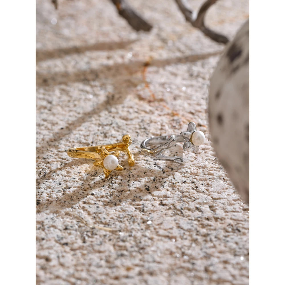 open adjustable gold plated stainless steel ring with flower and pearl detail women