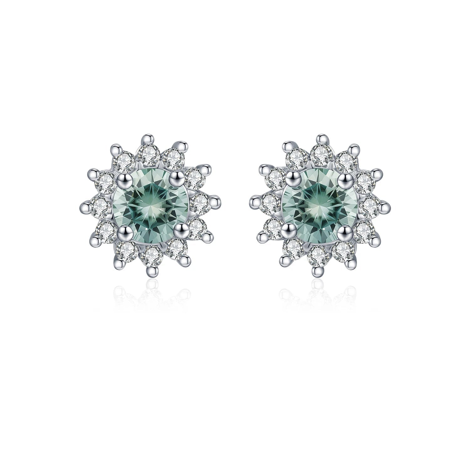 Green moissanite halo stud earrings in polished 925 sterling silver