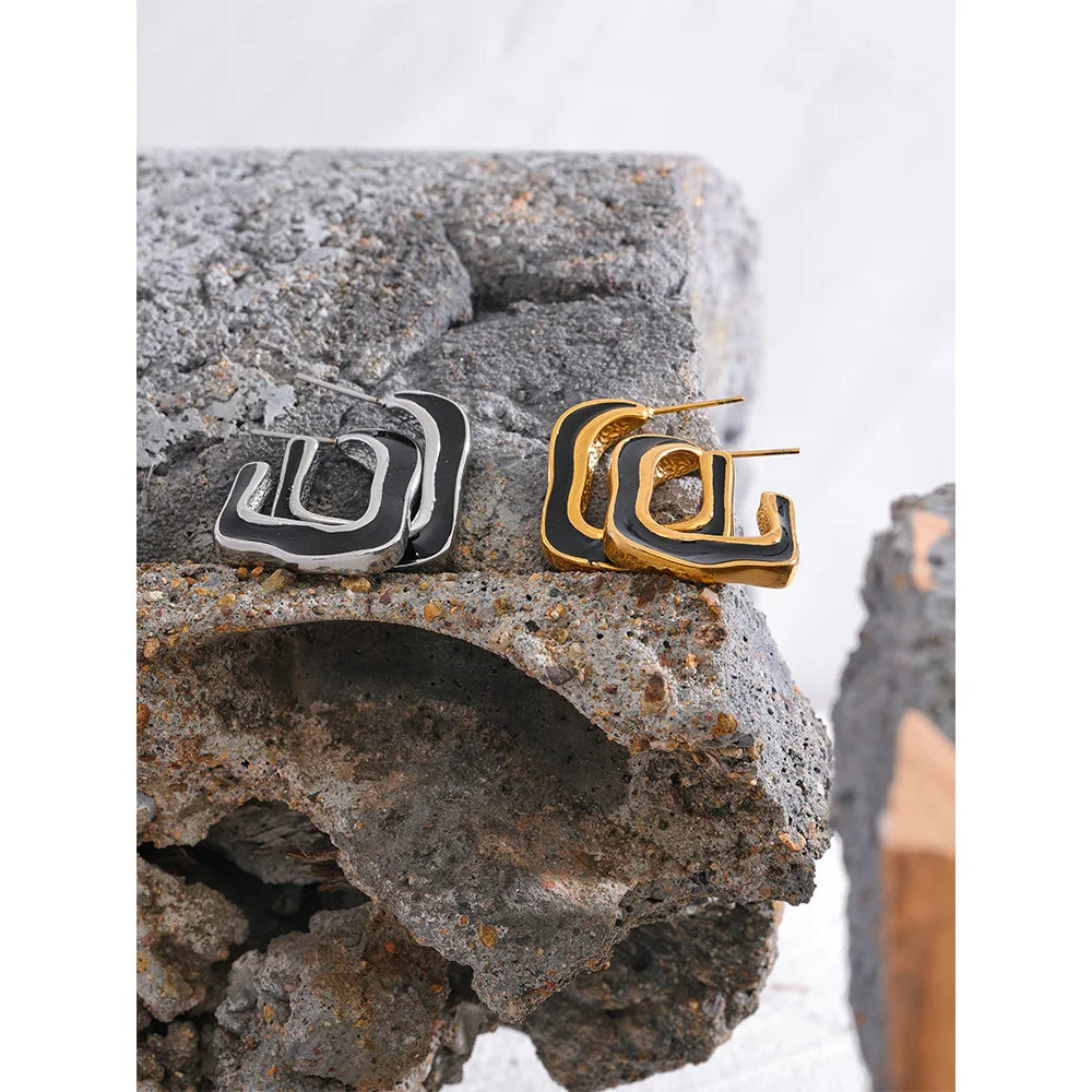 Black Enamel Square Huggie Earrings in Gold