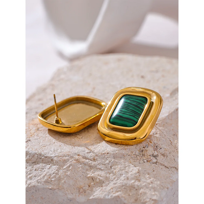 18K Gold Plated Square Malachite Stud Earrings