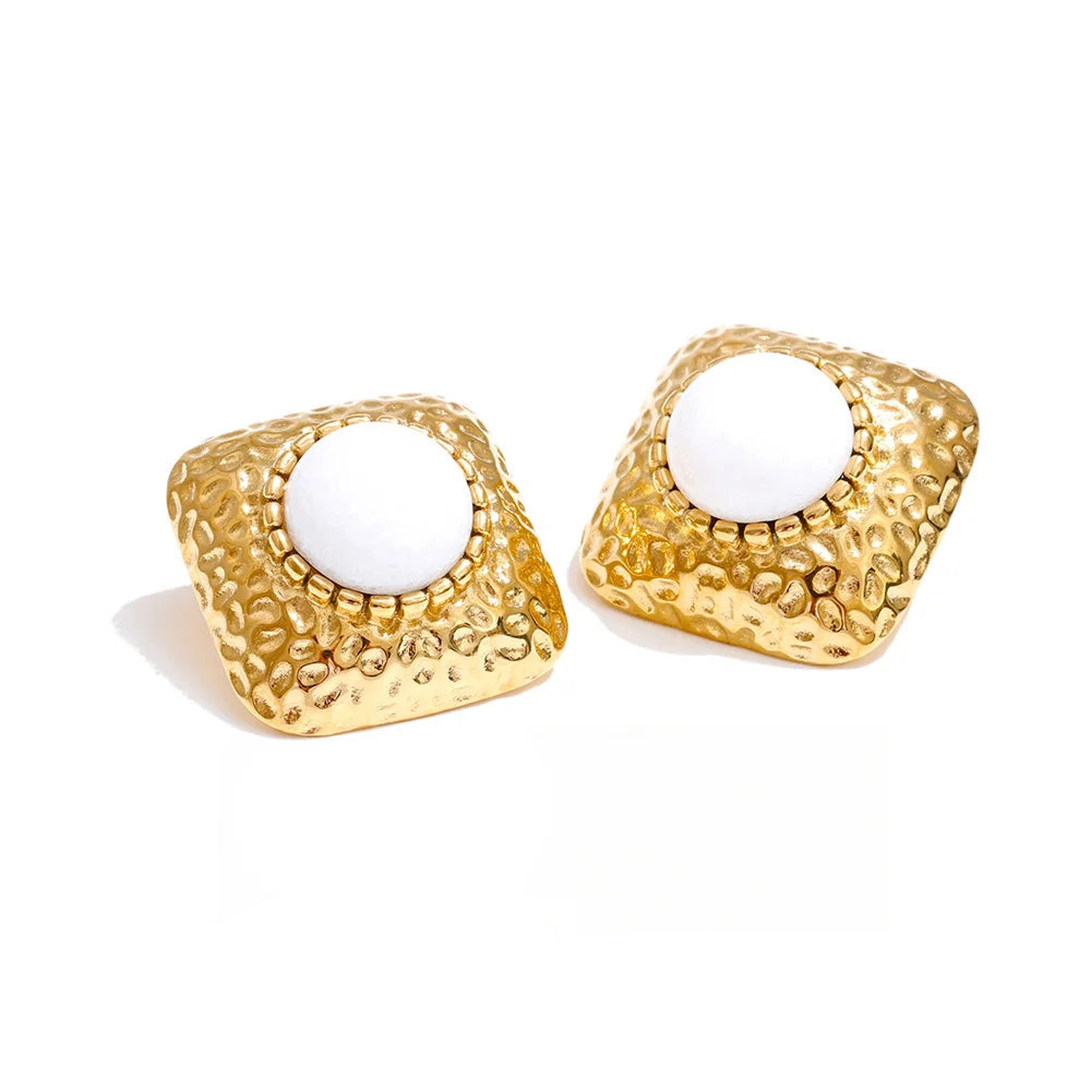 Gold plated hammer metal resin square stud earrings in stainless steel