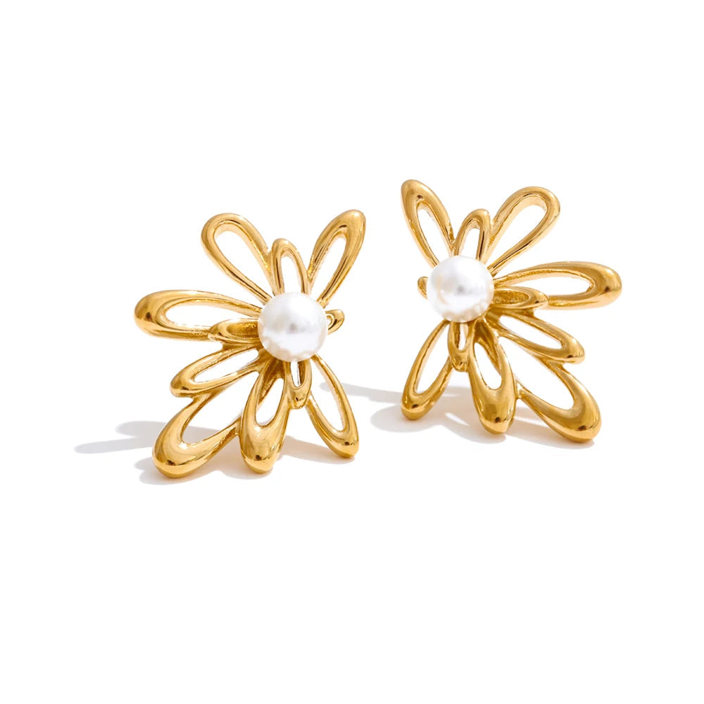 Hollow flower pearl stud earrings in gold plated stainless steel jewelry