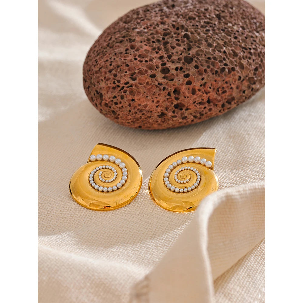 Golden Shell Stud Earrings with Imitation Pearls