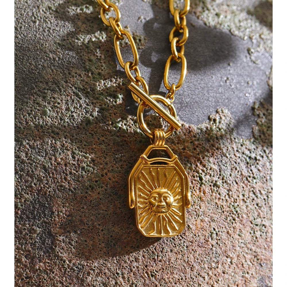 women’s gold plated stainless steel long necklace sun moon design