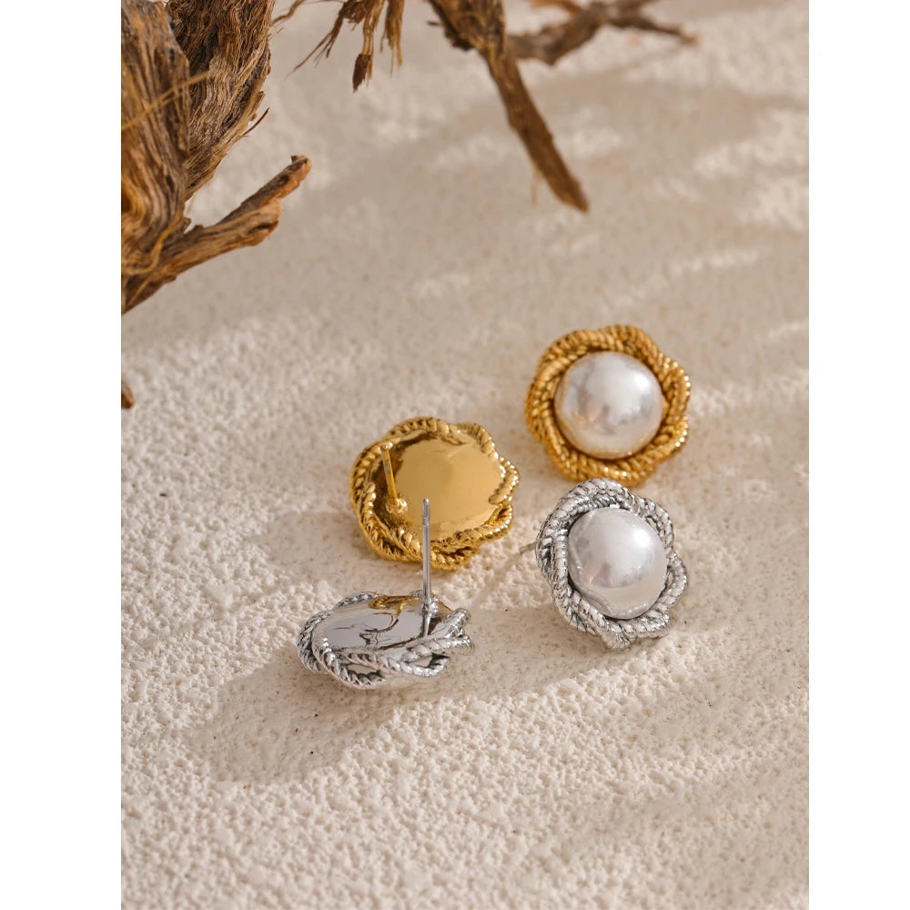 Simulated Pearl Flower Stud Earrings for Women