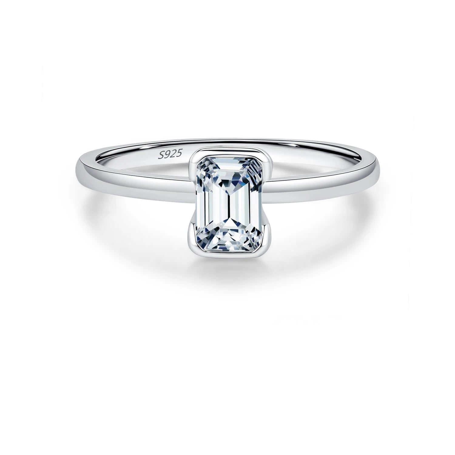 Emerald cut moissanite ring in polished 925 sterling silver