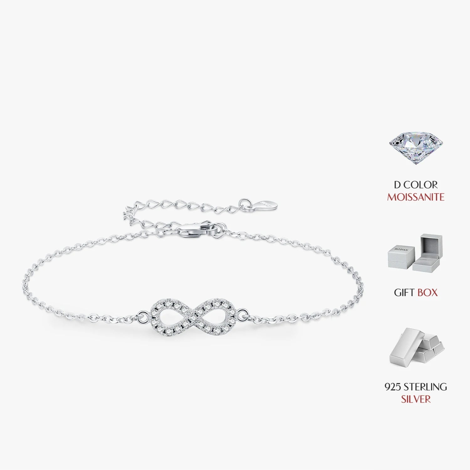 Silver bangle style infinity bracelet with moissanite