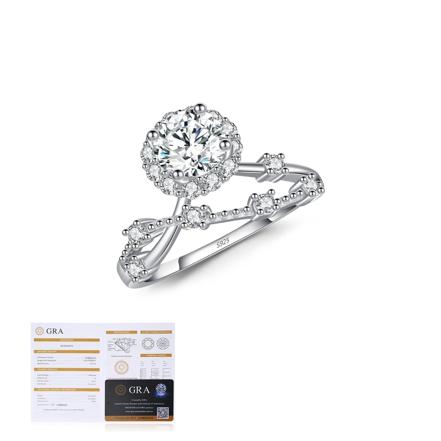 Side view of ring halo showcasing prong setting and moissanite diamond brilliance
